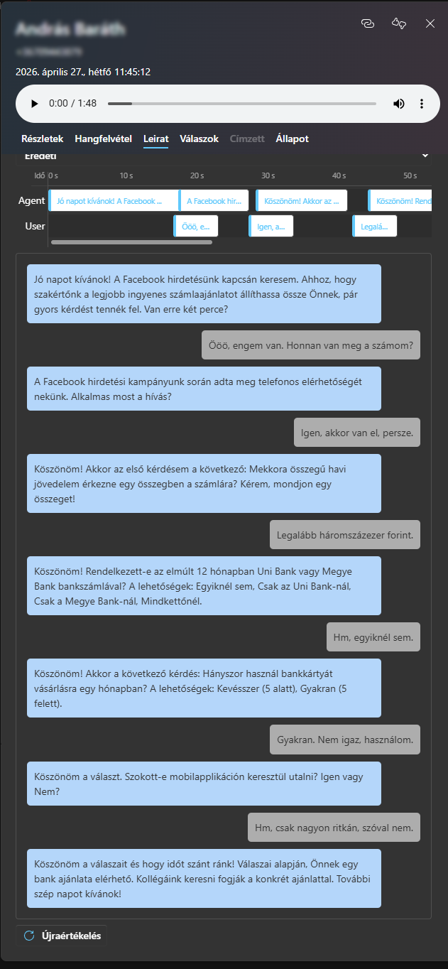 Call transcript showing the agent informing the contact about an available offer and upcoming follow-up call