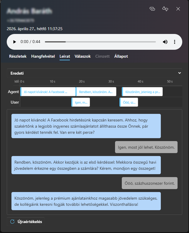 Call transcript showing the agent ending the call after receiving a low amount answer